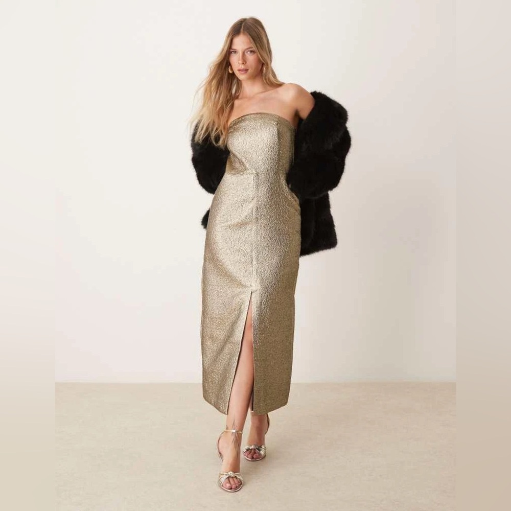 NWT Abercrombie & Fitch Antique Gold Metallic Jacquard Strapless Midi Dress M